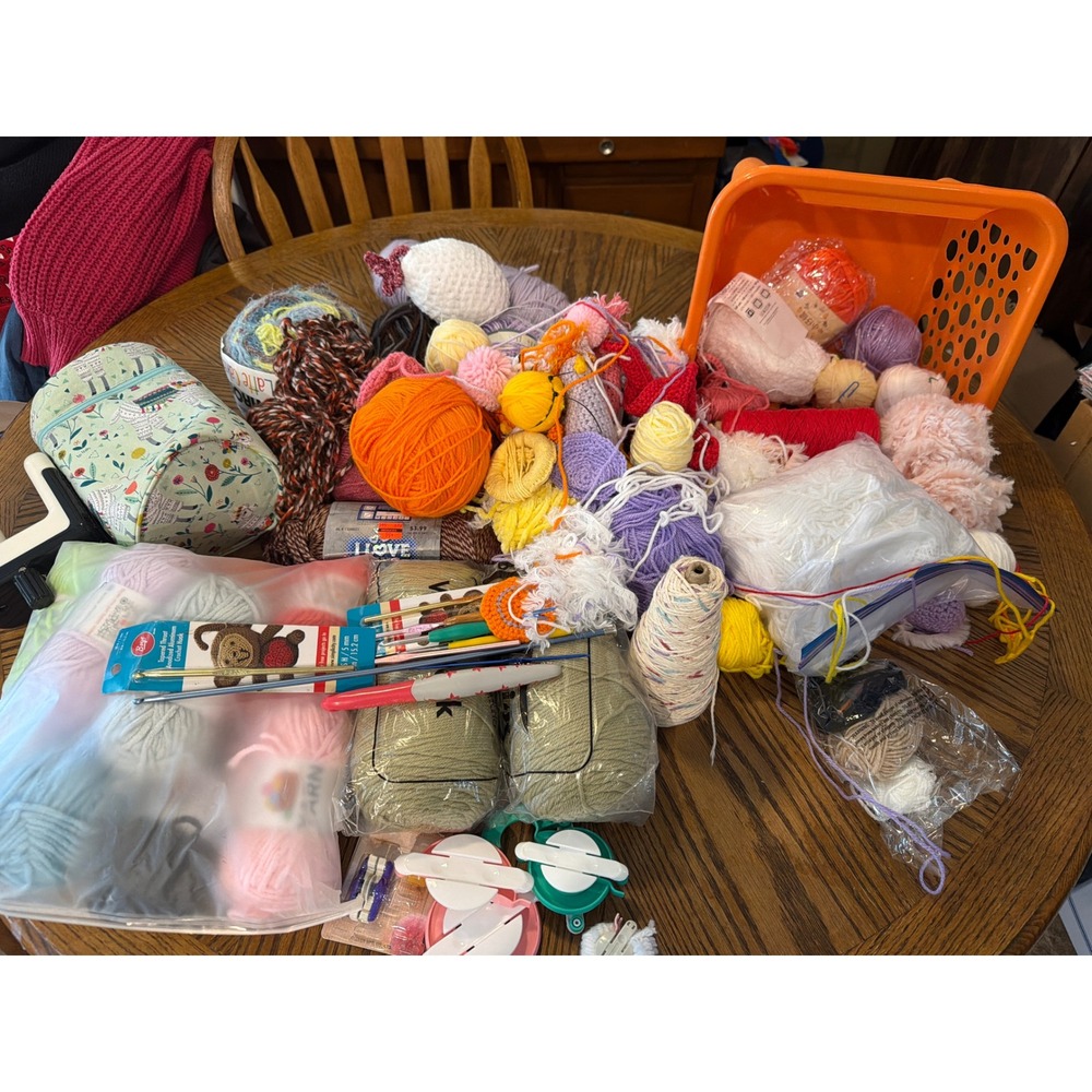 Crochet Knitting Supply Lot Yarn Caron Boye Hooks Ball Winder Llama Bag Basket
